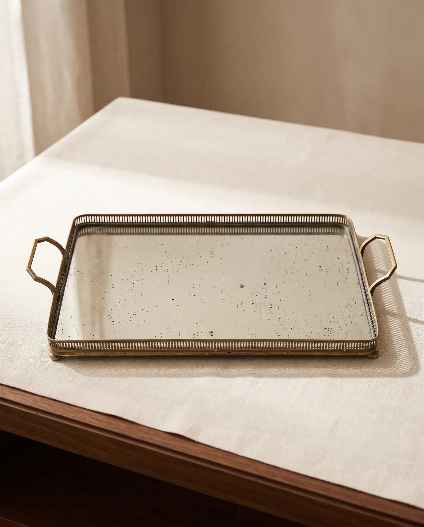 Plateau miroir Art déco en bois et laiton