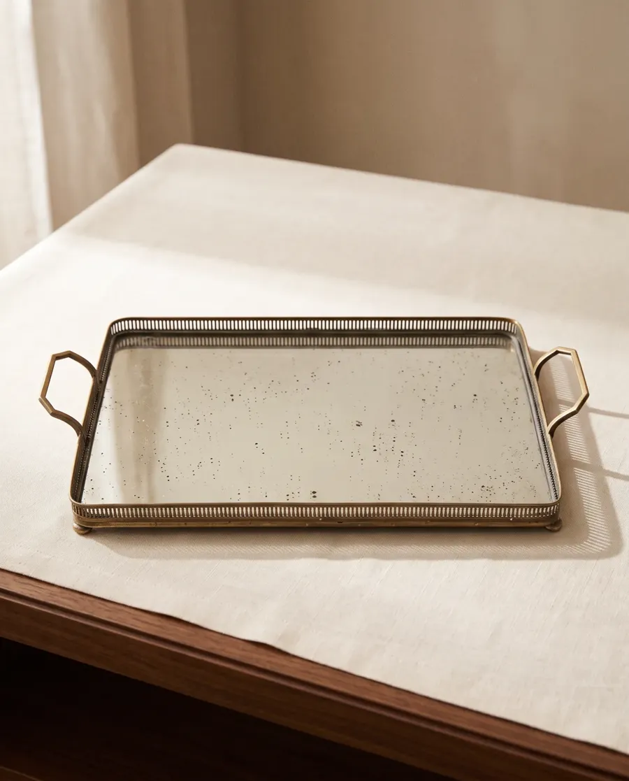 Plateau miroir Art déco en bois et laiton