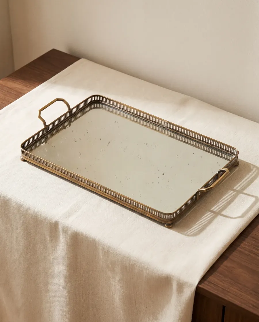 Plateau miroir Art déco en bois et laiton, photo 2
