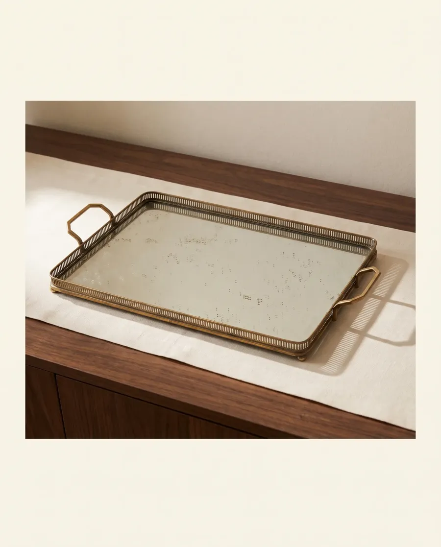 Plateau miroir Art déco en bois et laiton, photo 3