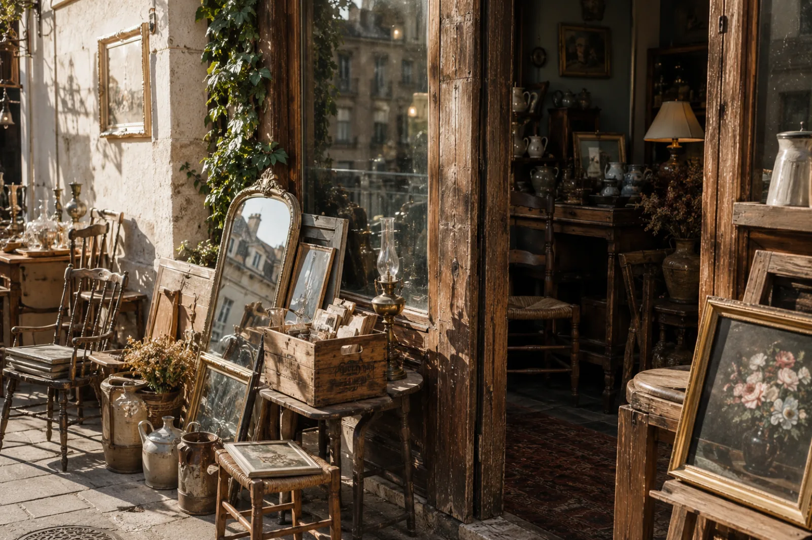 Devanture de brocante au soleil : miroirs anciens, chaises paillées et cadres dorés posés sur le trottoir