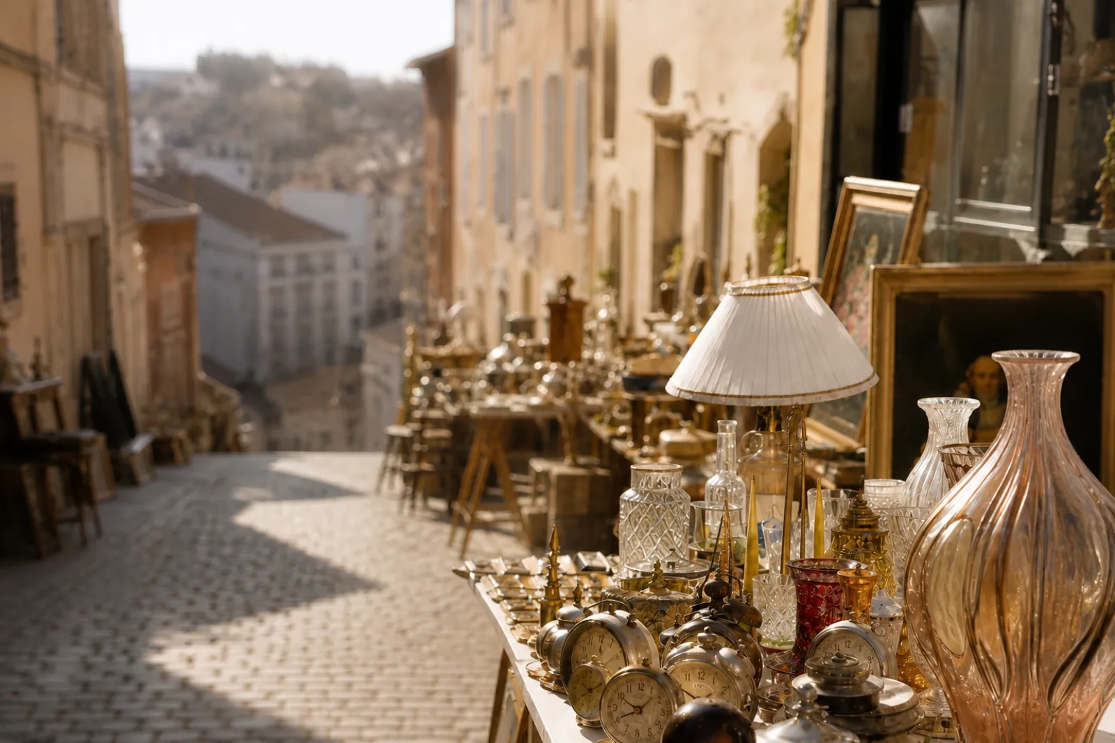 Étal de brocante au soleil dans une rue pavée en pente, à Lyon : réveils anciens, carafes en cristal et cadres dorés