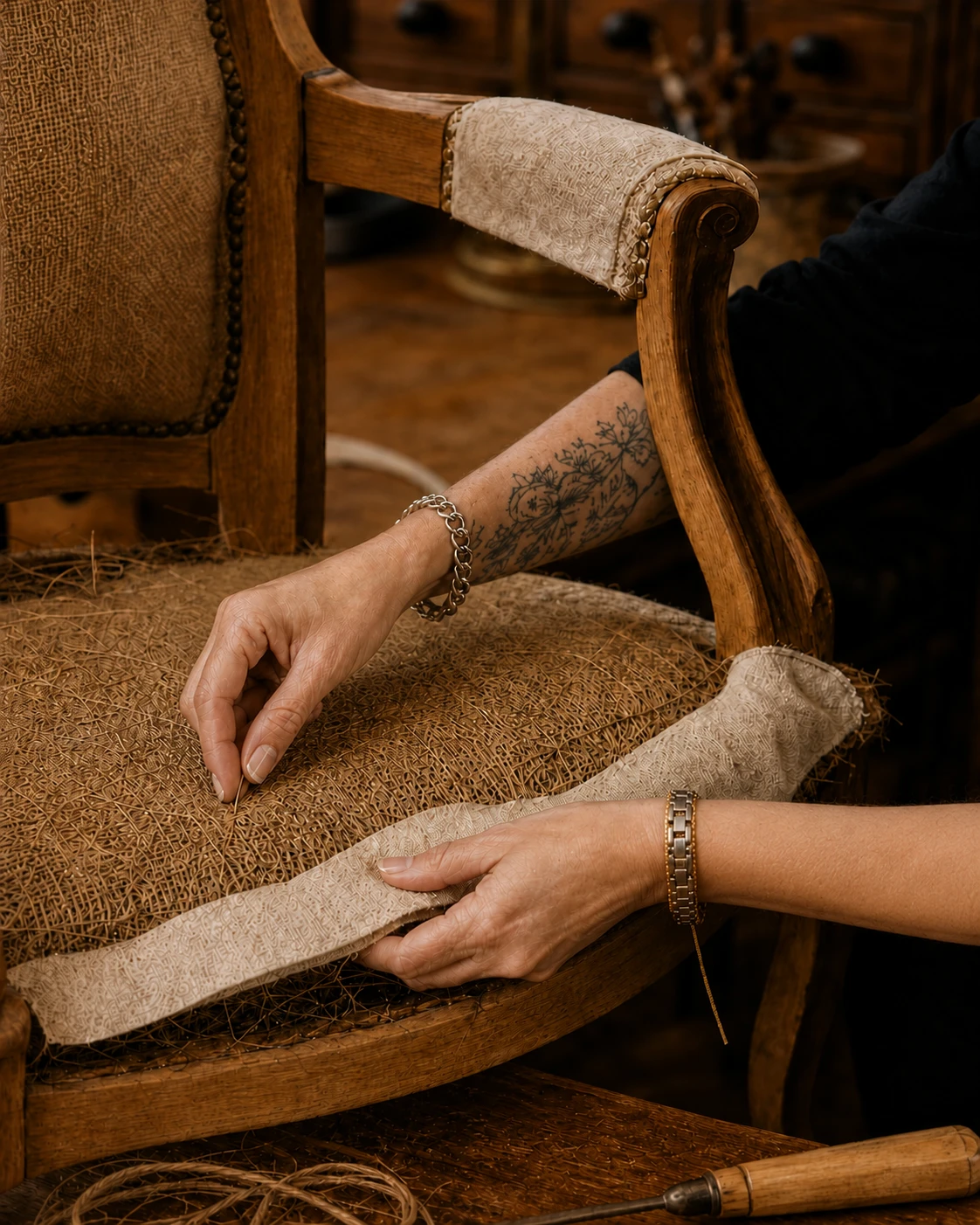 Gros plan sur les mains de Stéfani rénovant la garniture d’un fauteuil ancien