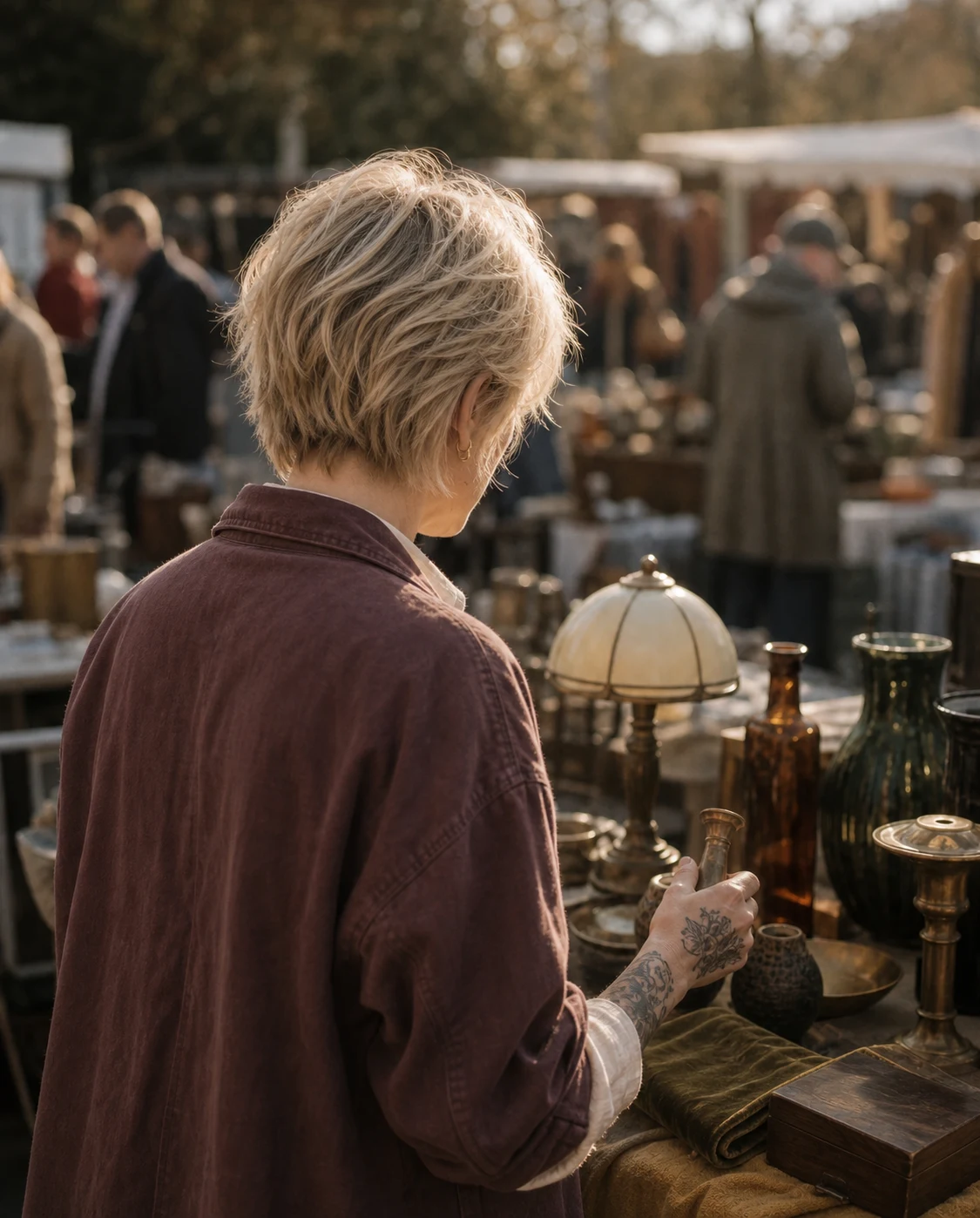 Stéfani, blonde et tatouée, examinant un objet ancien dans une brocante