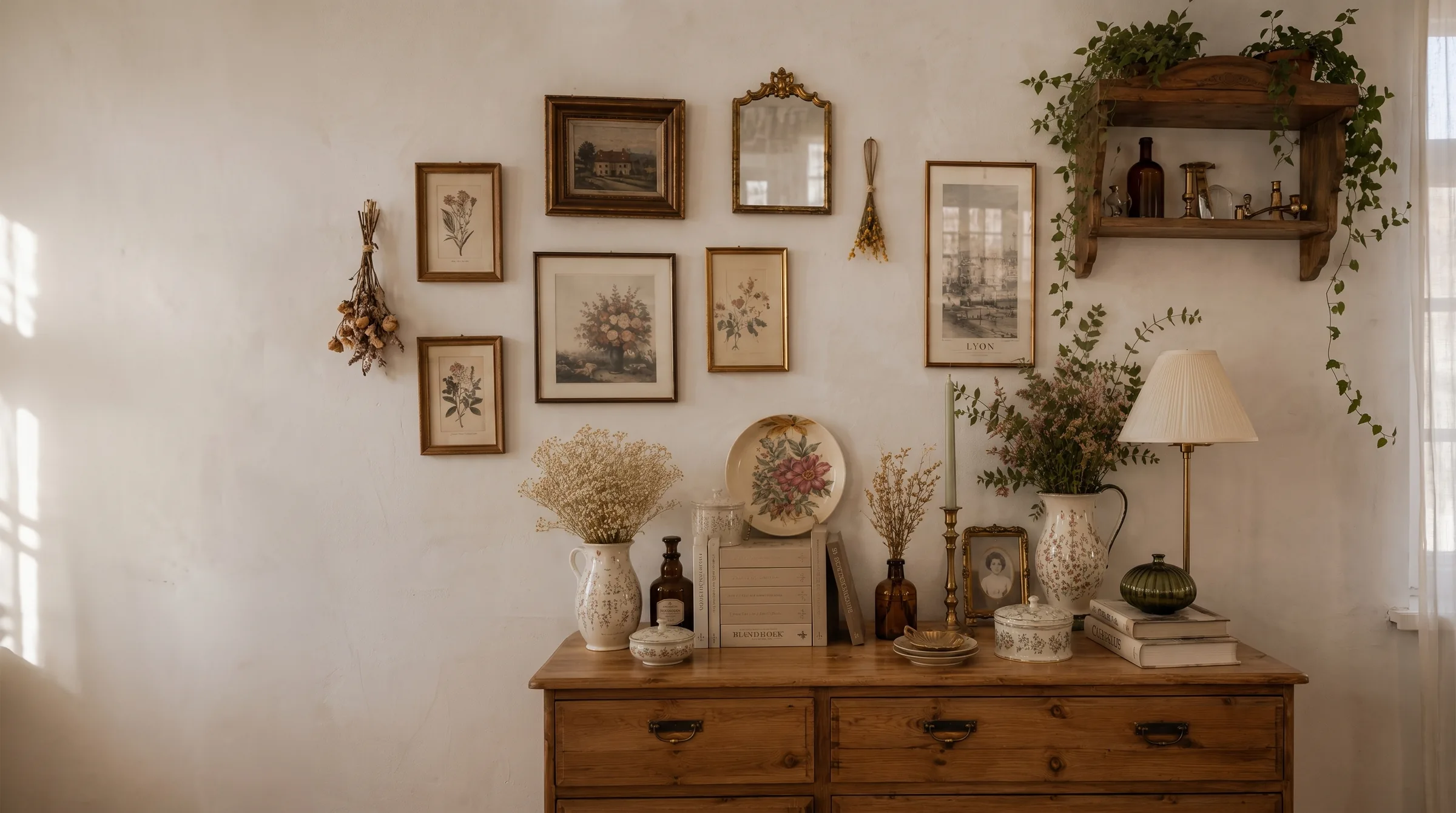 Une commode ancienne en bois garnie d’objets chinés, sous un mur de cadres dorés, de gravures et d’une affiche de Lyon