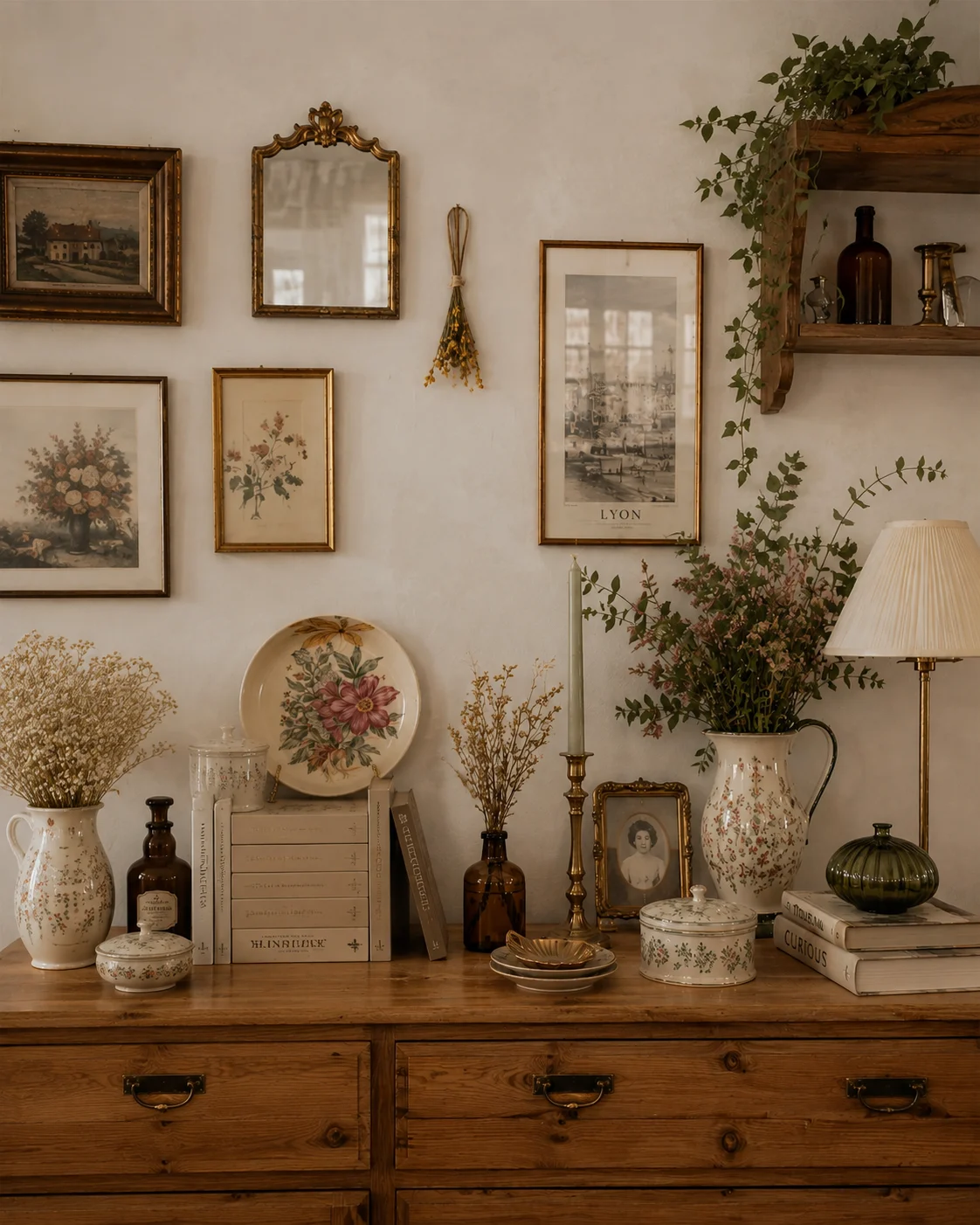 Un buffet en bois ancien garni d’objets chinés : assiette fleurie, pichets en faïence, lampe à abat-jour plissé, cadres et gravures au mur