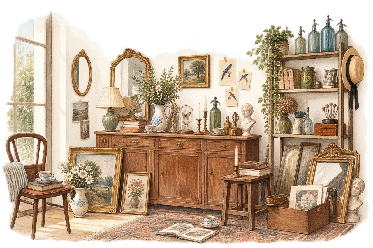 Illustration à l’aquarelle : un bahut couvert d’objets chinés, des siphons alignés sur l’étagère, des tableaux posés à même le sol