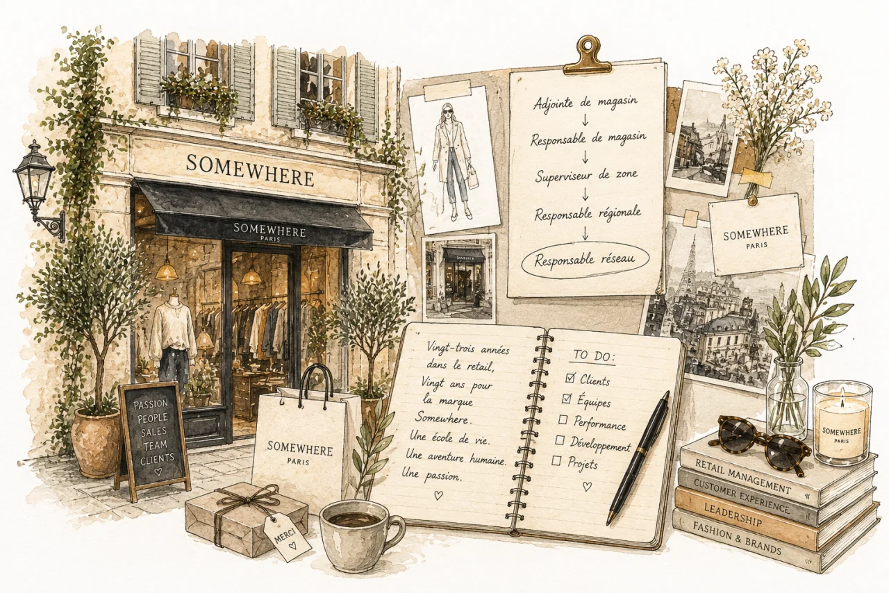 Illustration à l’aquarelle : une devanture de prêt-à-porter, un carnet de notes et l’échelle des postes gravis, écrite à la main
