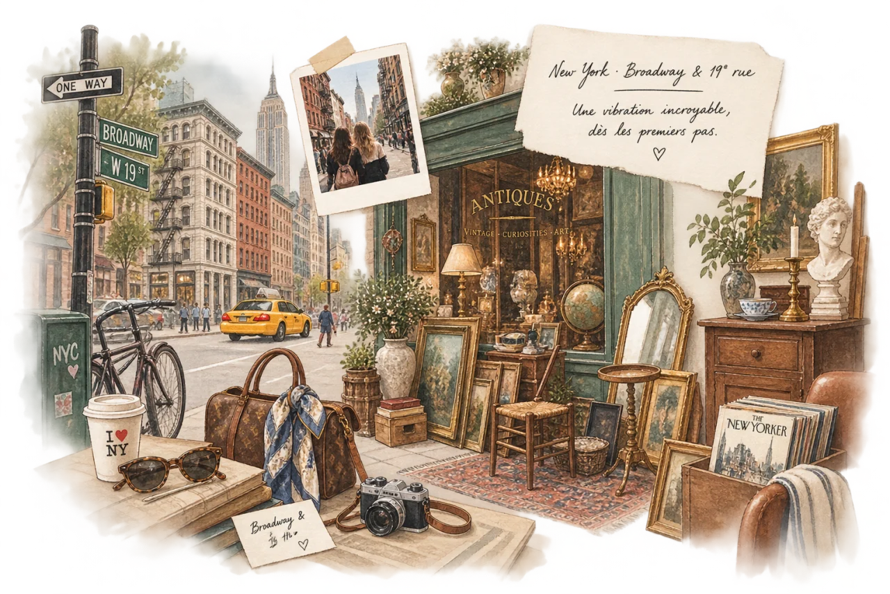 Illustration à l’aquarelle : l’angle de Broadway et de la 19ᵉ rue à New York, une boutique d’antiquités et un polaroïd épinglé