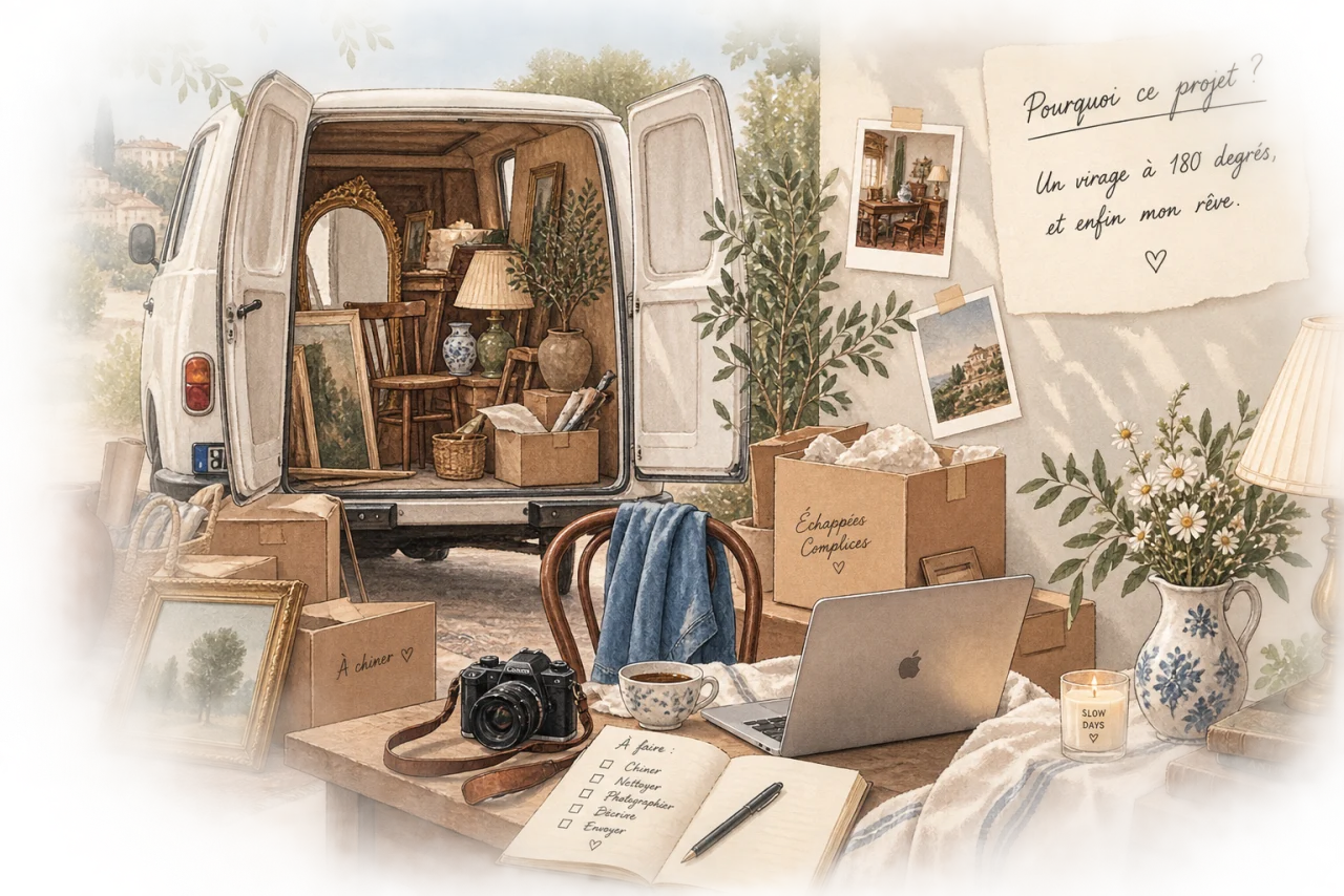 Illustration à l’aquarelle : un camion chargé de meubles chinés, des cartons prêts à partir, un carnet ouvert sur la liste des choses à faire
