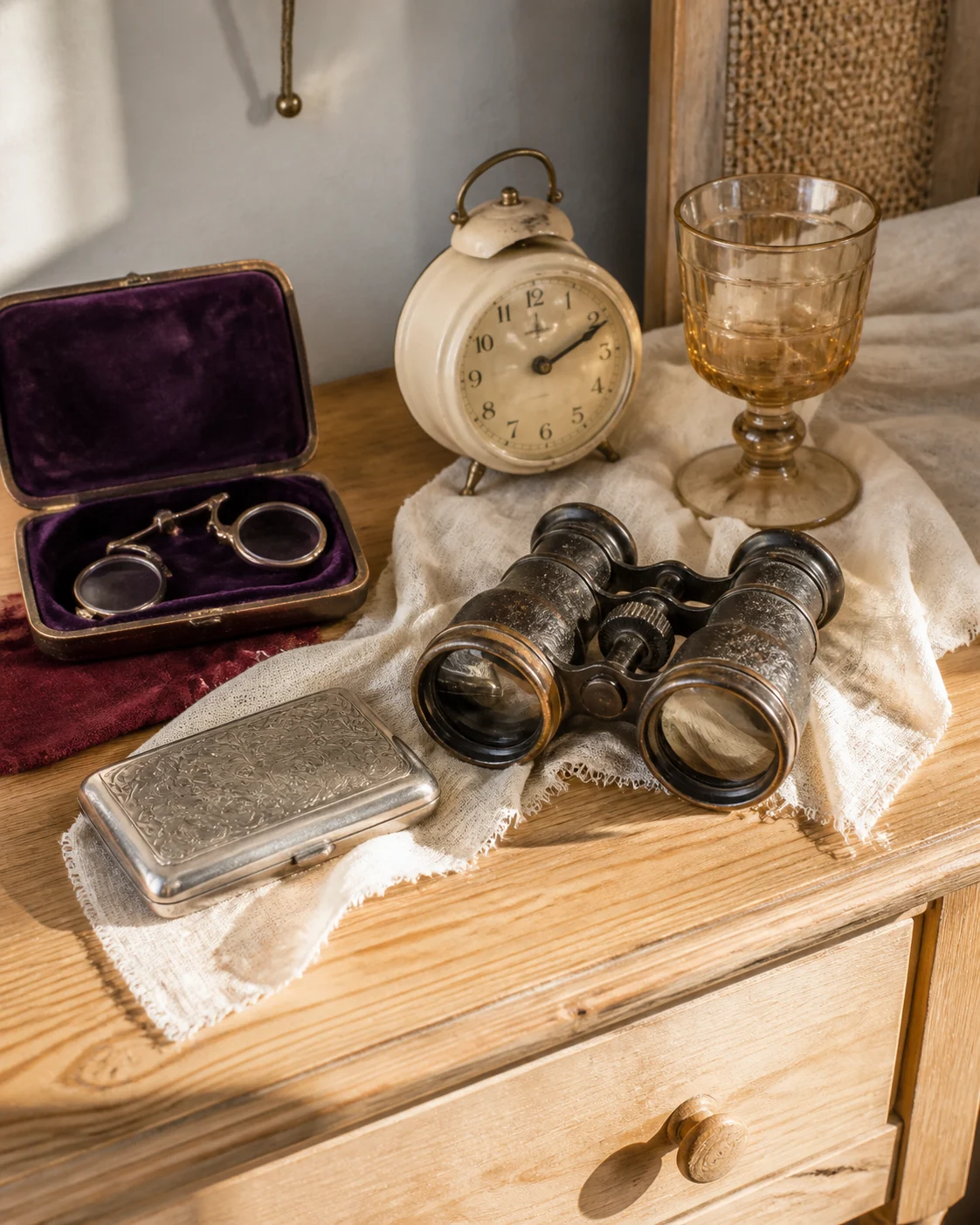 Lorgnon, réveil, verre ambré et petits objets anciens sur un meuble en bois clair
